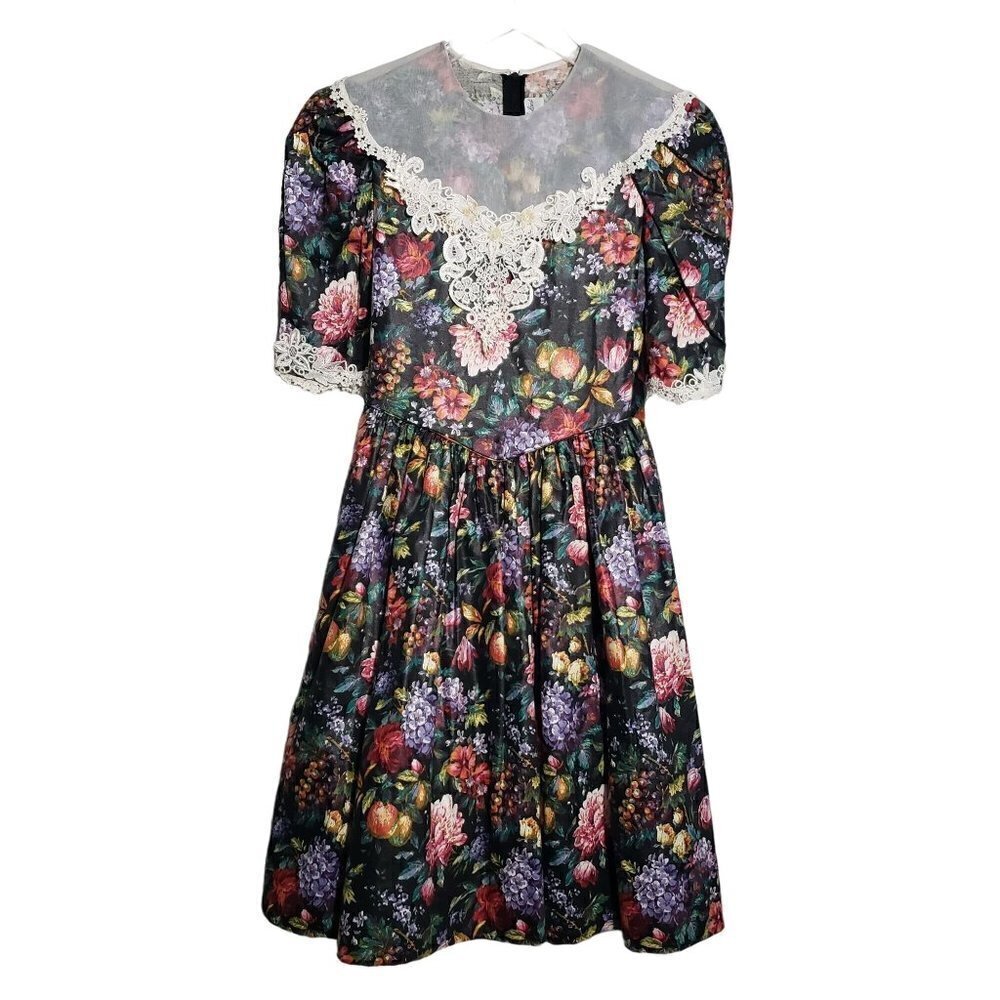 Vintage Jayne Copeland Floral Bib Dress Cotton Black Party Girls 14